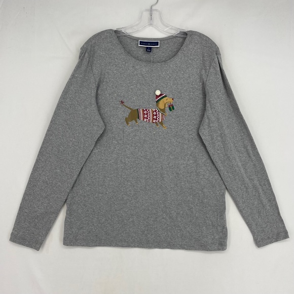 Karen Scott Womens Large Long Sleeve T-Shirt Gray Embellished Christmas Dog - Picture 2 of 10